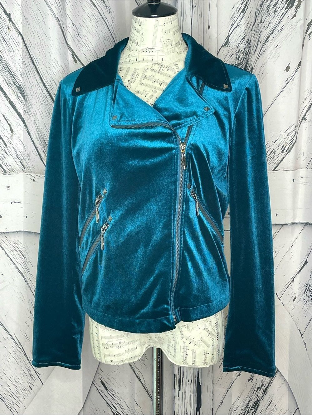 Belle Badgley Mischka Jacket Teal Velvet Moto Zipper/Stud Detail Sz M EUC